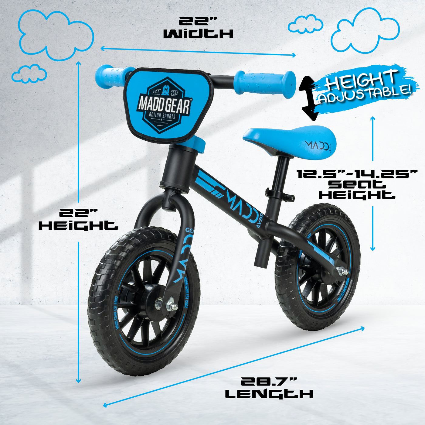 Madd Gear Madgear Strider Trainer Balance Bike Toddler Kids Height Adjustable Black Blue