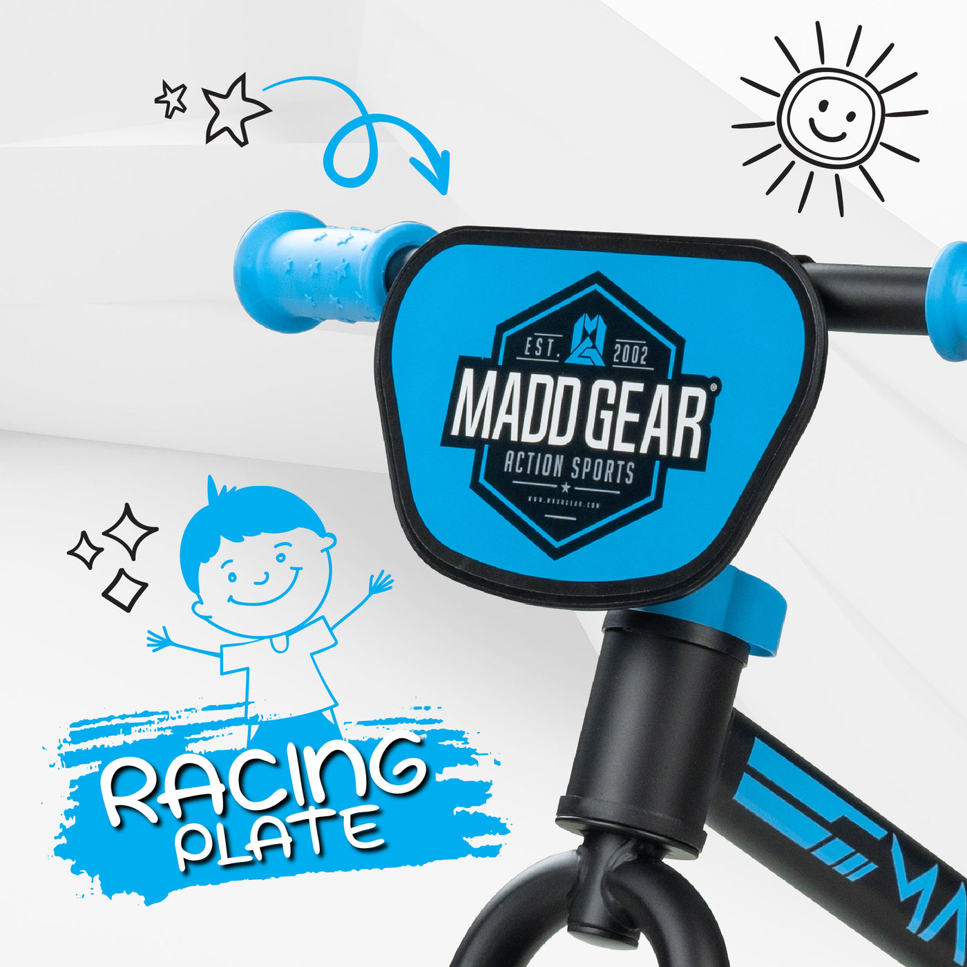Madd Gear BMX Trainer Balance Bike Strider Black Blue Boys Girls Kids Toddlers Children Racing Plate