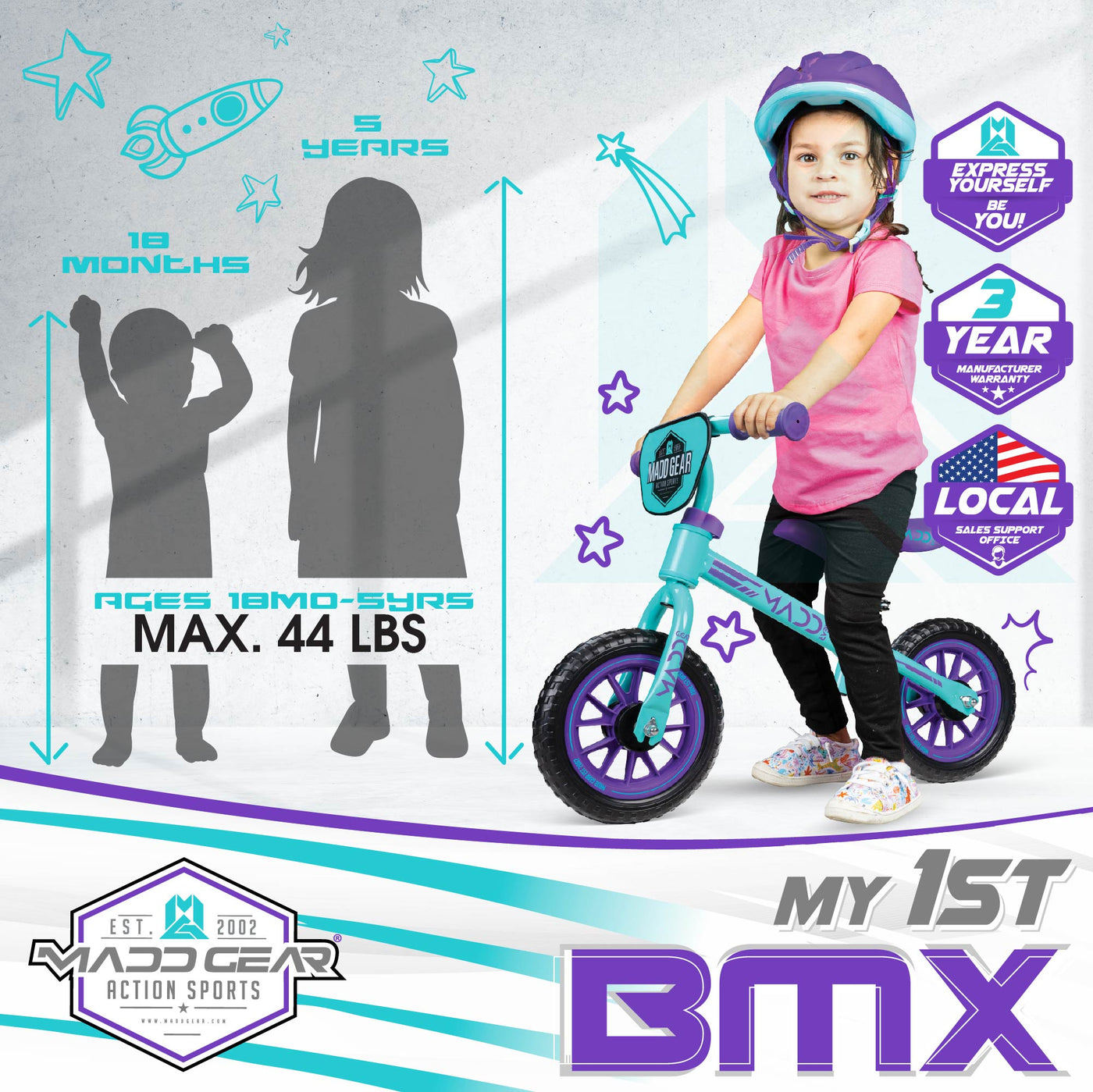 MGP Madd Gear Balance Bike My 1st BMX Trainer Strider Running Teal Purple Children