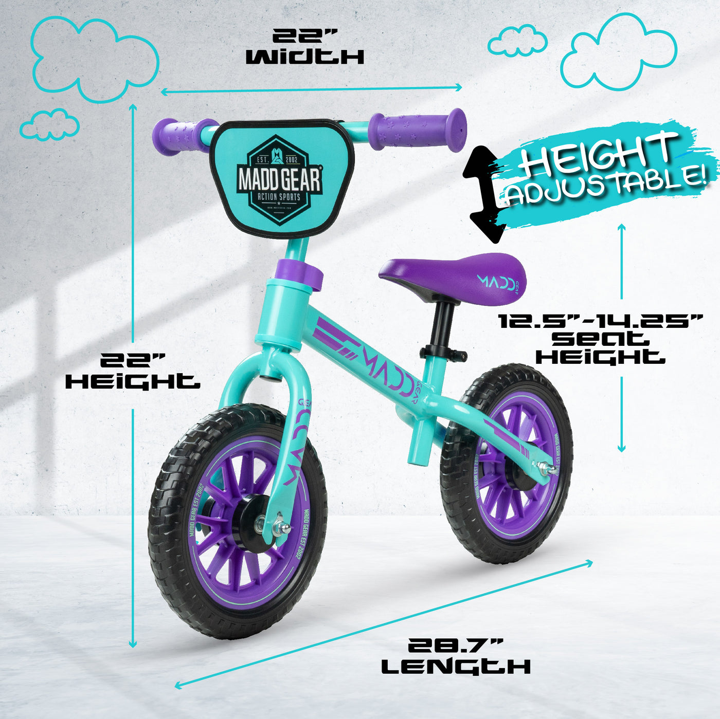 Madd Gear Madgear Strider Trainer Balance Bike Toddler Kids Height Adjustable Teal Purple