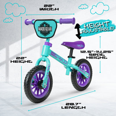Madd Gear Madgear Strider Trainer Balance Bike Toddler Kids Height Adjustable Teal Purple