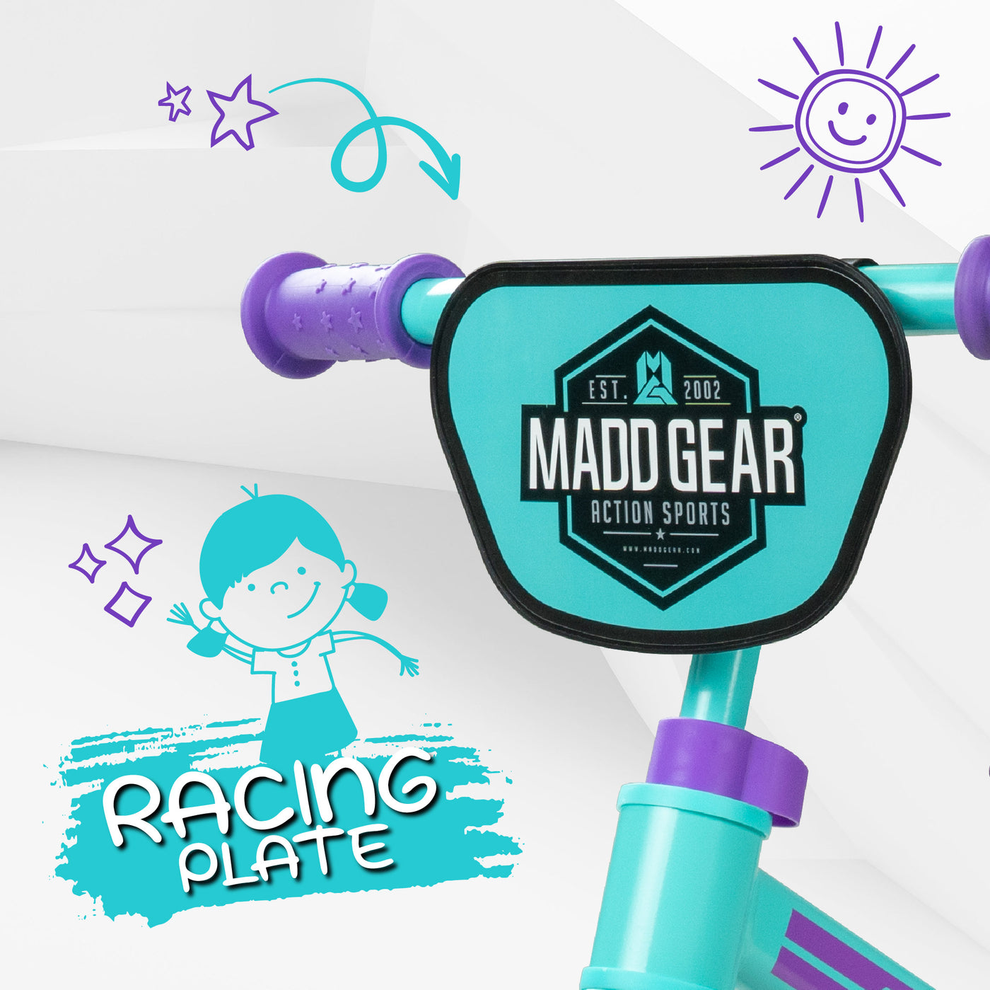 Madd Gear BMX Trainer Balance Bike Strider Teal Purple Boys Girls Kids Toddlers Children Racing Plate