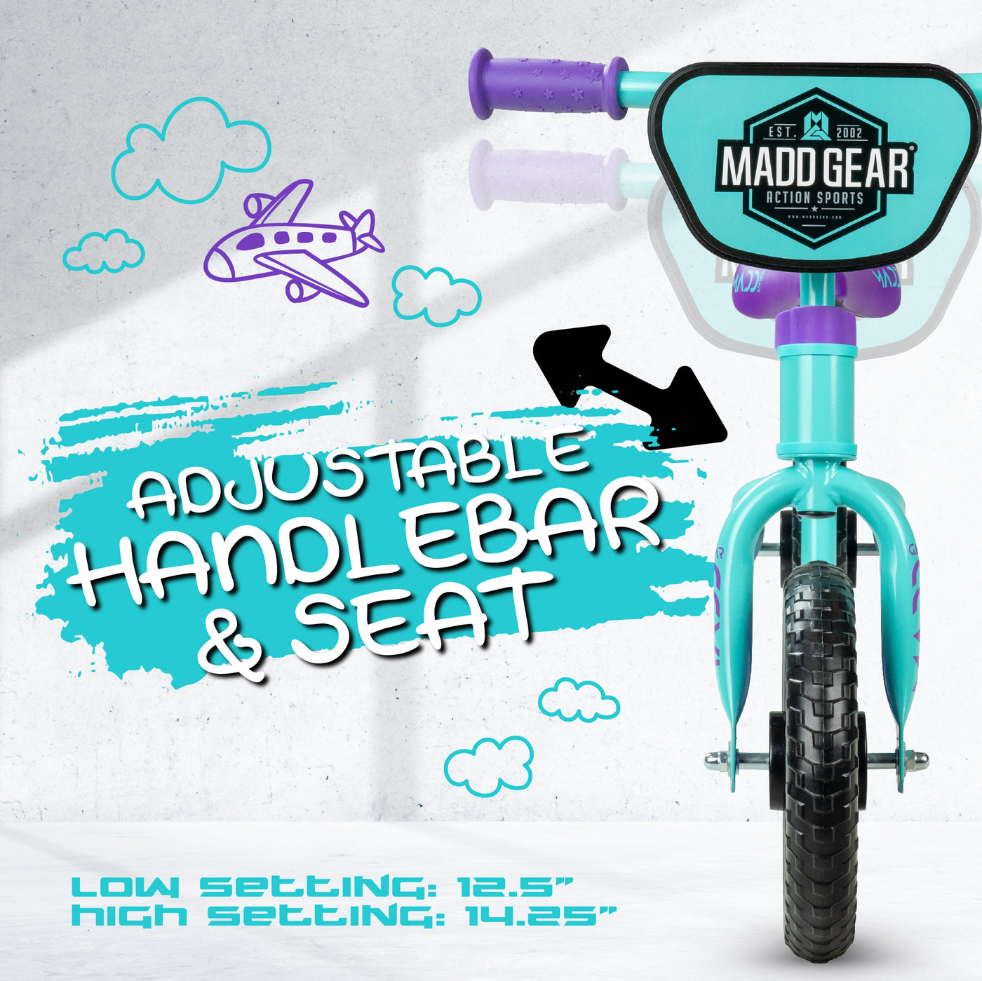 Madd Gear Trainer Balance Bike BMX Strider Adjustable Seat Handlebar Teal Purple