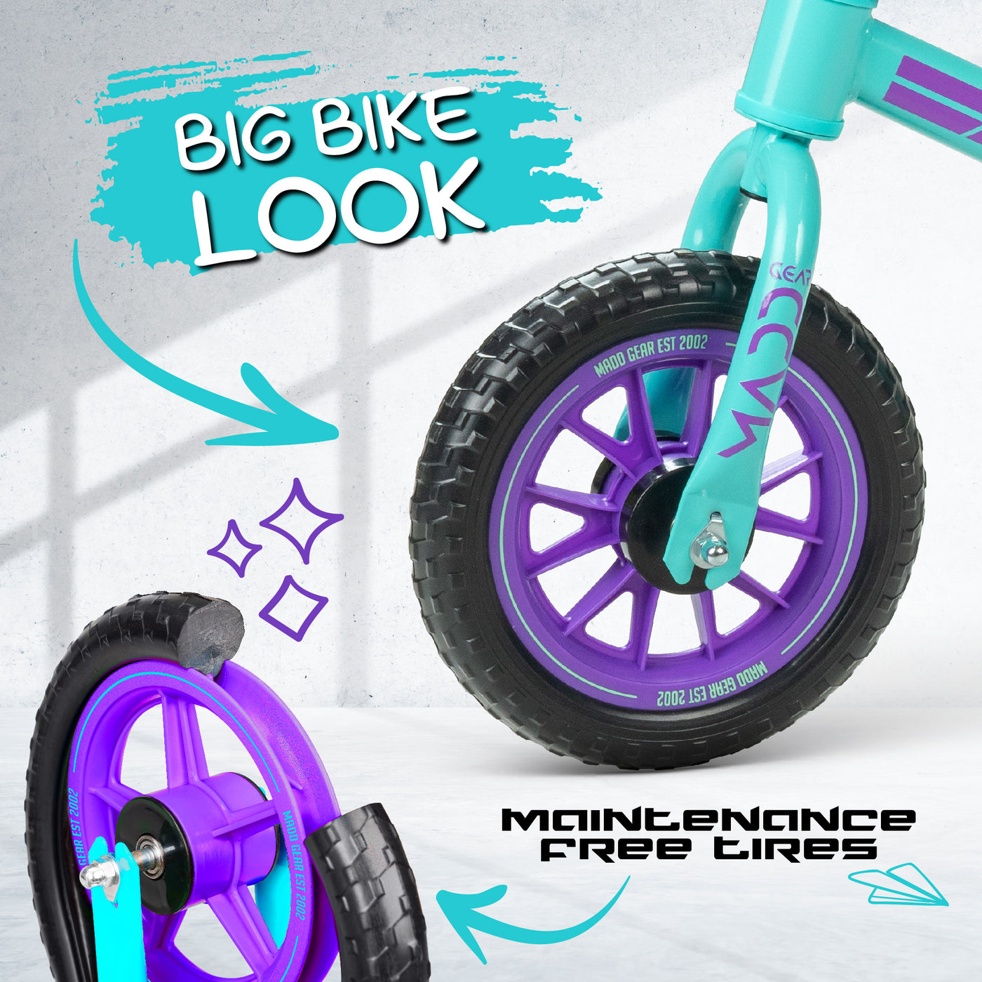 Madd Gear Balance Bike Strider BMX Trainer Running High Quality Kids Boys Girls Teal Purple