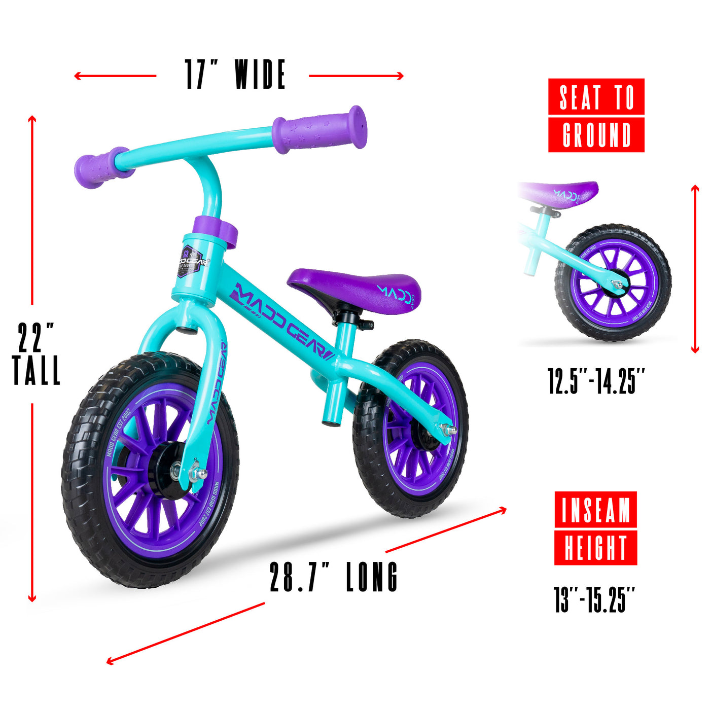 Madd Gear Madgear Strider Trainer Balance Bike Toddler Kids Height Adjustable Teal Purple