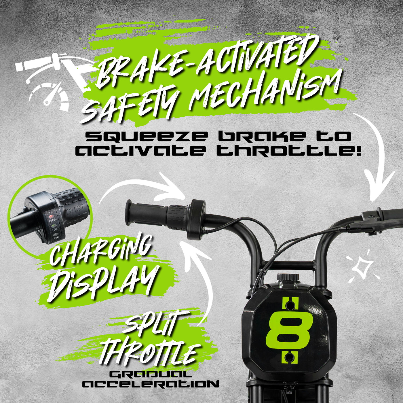 Madd Gear Mini Electric Dirt Bike Black Green Razor Charging Display Split Throttle Safe