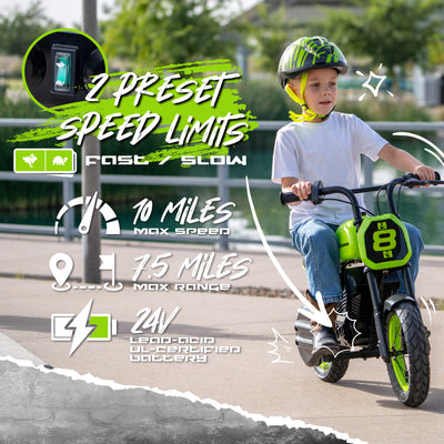 MG Madd Gear Mini Electric Motorcycle Bike Dual Speed 10 Miles 7.5 Range 24V Battery Razor Green Black Boys Girls Children