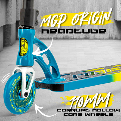 Madd Gear MGP Origin Pro Stunt Scooter Blue Petrol Yellow Kids Boys Skate Park Best Lightest Headtube