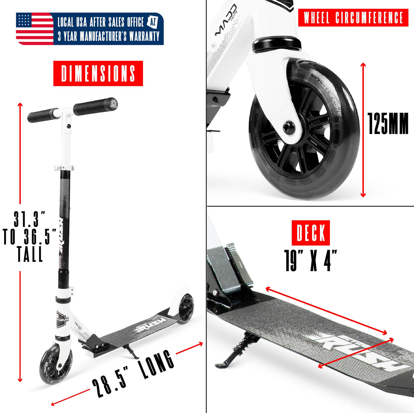 Rush 125 Madd Gear MG Collapsible Fold-Up Scooter Height Adjustable White Black 125mm Wheels
