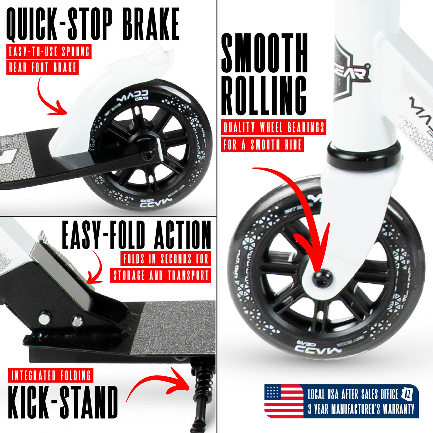 MG Madd Gear Rush 125 Commuter Smooth Rolling Scooter Boys Girls Kids Teens Adults Folding Foldable Smooth Rolling White Black