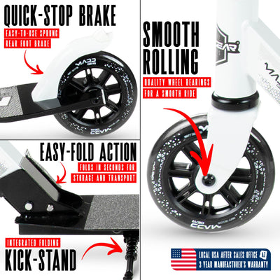 MG Madd Gear Rush 125 Commuter Smooth Rolling Scooter Boys Girls Kids Teens Adults Folding Foldable Smooth Rolling White Black