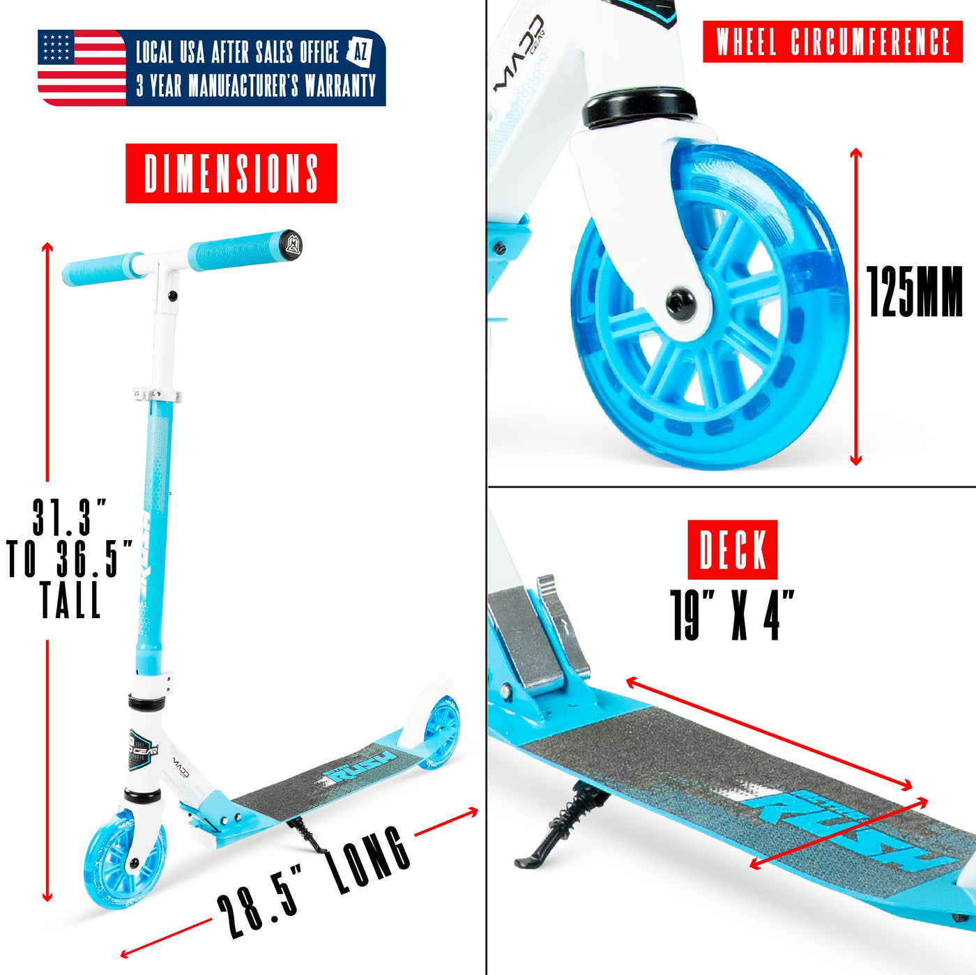 Rush 125 Madd Gear MG Collapsible Fold-Up Scooter Height Adjustable White Blue 125mm Wheels