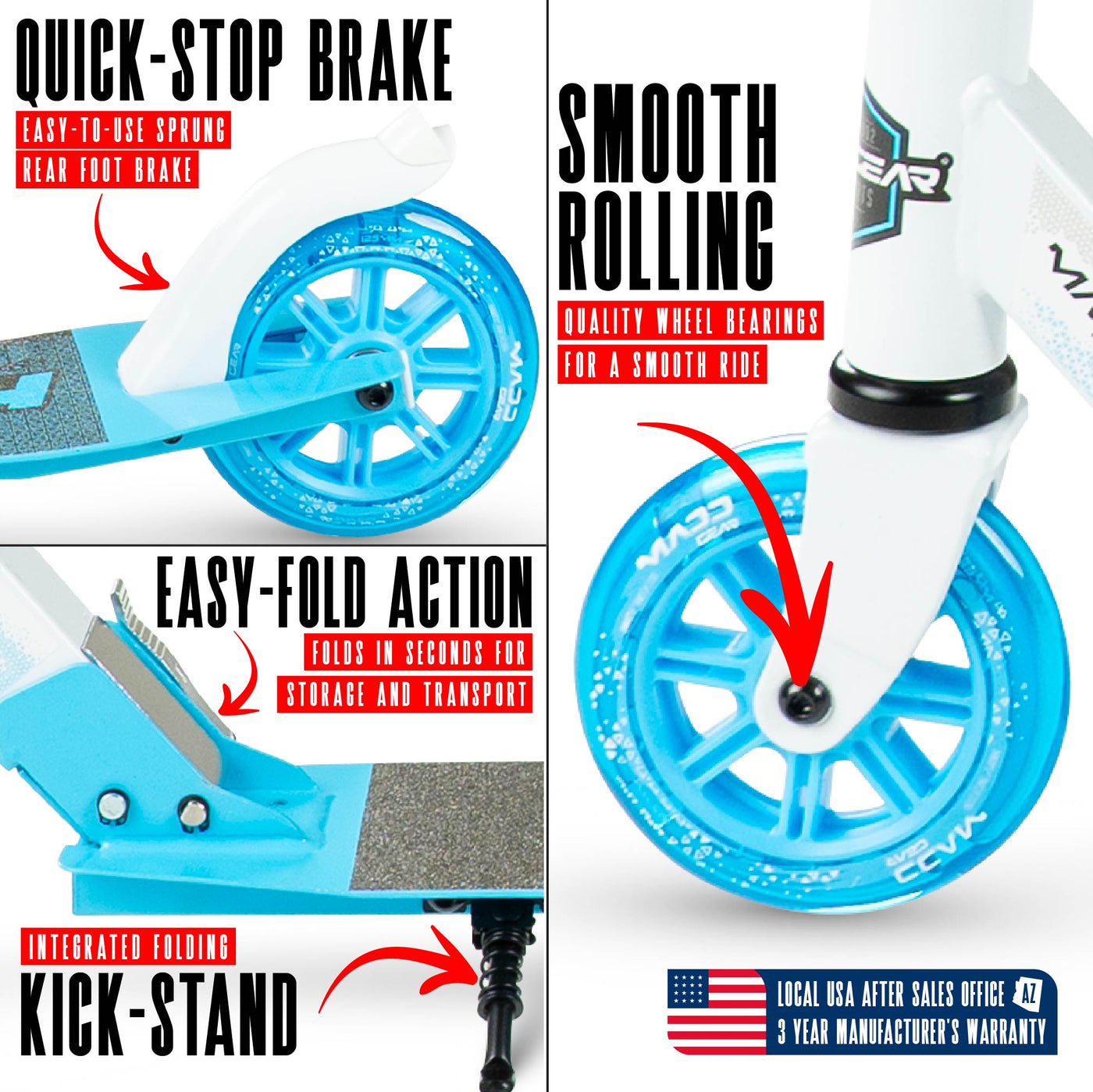 MG Madd Gear Rush 125 Commuter Smooth Rolling Scooter Boys Girls Kids Teens Adults Folding Foldable Smooth Rolling White Blue