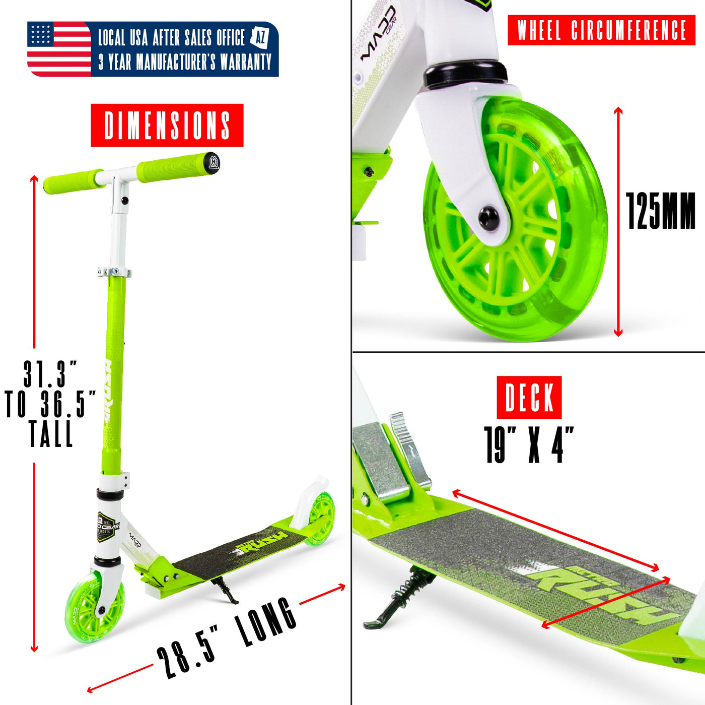 Rush 125 Madd Gear MG Collapsible Fold-Up Scooter Height Adjustable White Green 125mm Wheels