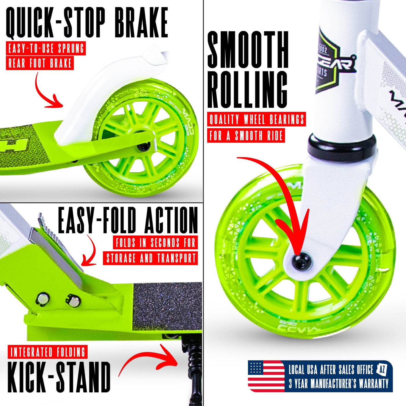 MG Madd Gear Rush 125 Commuter Smooth Rolling Scooter Boys Girls Kids Teens Adults Folding Foldable Smooth Rolling White Green