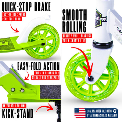 MG Madd Gear Rush 125 Commuter Smooth Rolling Scooter Boys Girls Kids Teens Adults Folding Foldable Smooth Rolling White Green