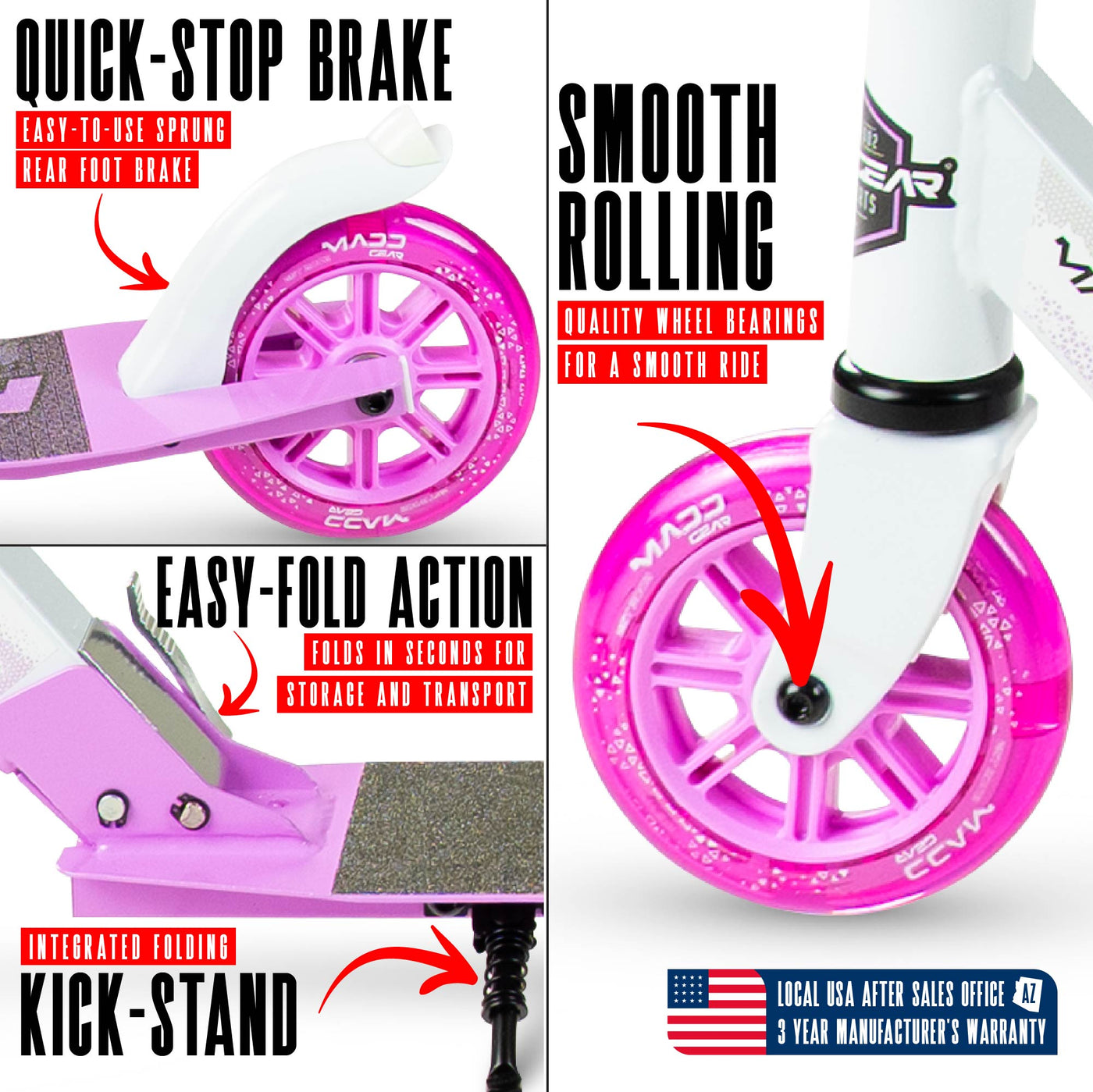 MG Madd Gear Rush 125 Commuter Smooth Rolling Scooter Boys Girls Kids Teens Adults Folding Foldable Smooth Rolling White Purple