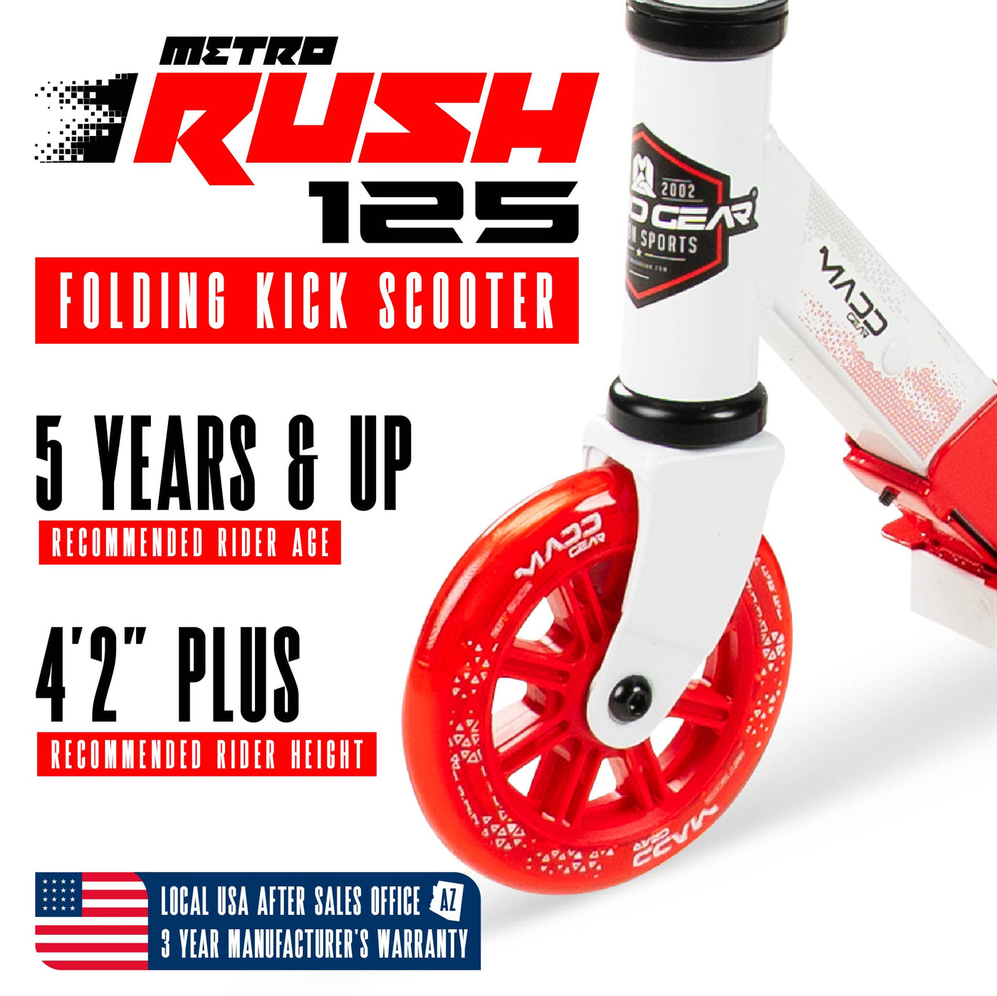 Madd Gear Rush 125 Folding Commuter Scooter Kids White Red