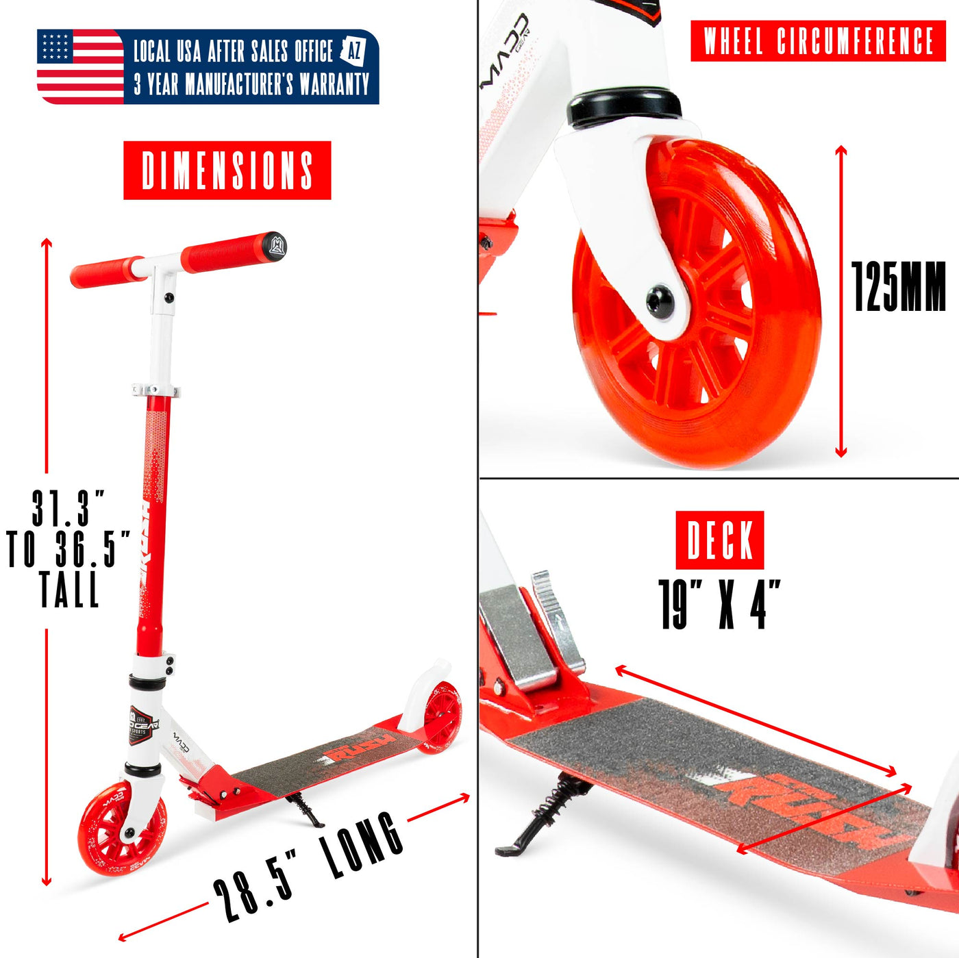 Rush 125 Madd Gear MG Collapsible Fold-Up Scooter Height Adjustable White Red 125mm Wheels