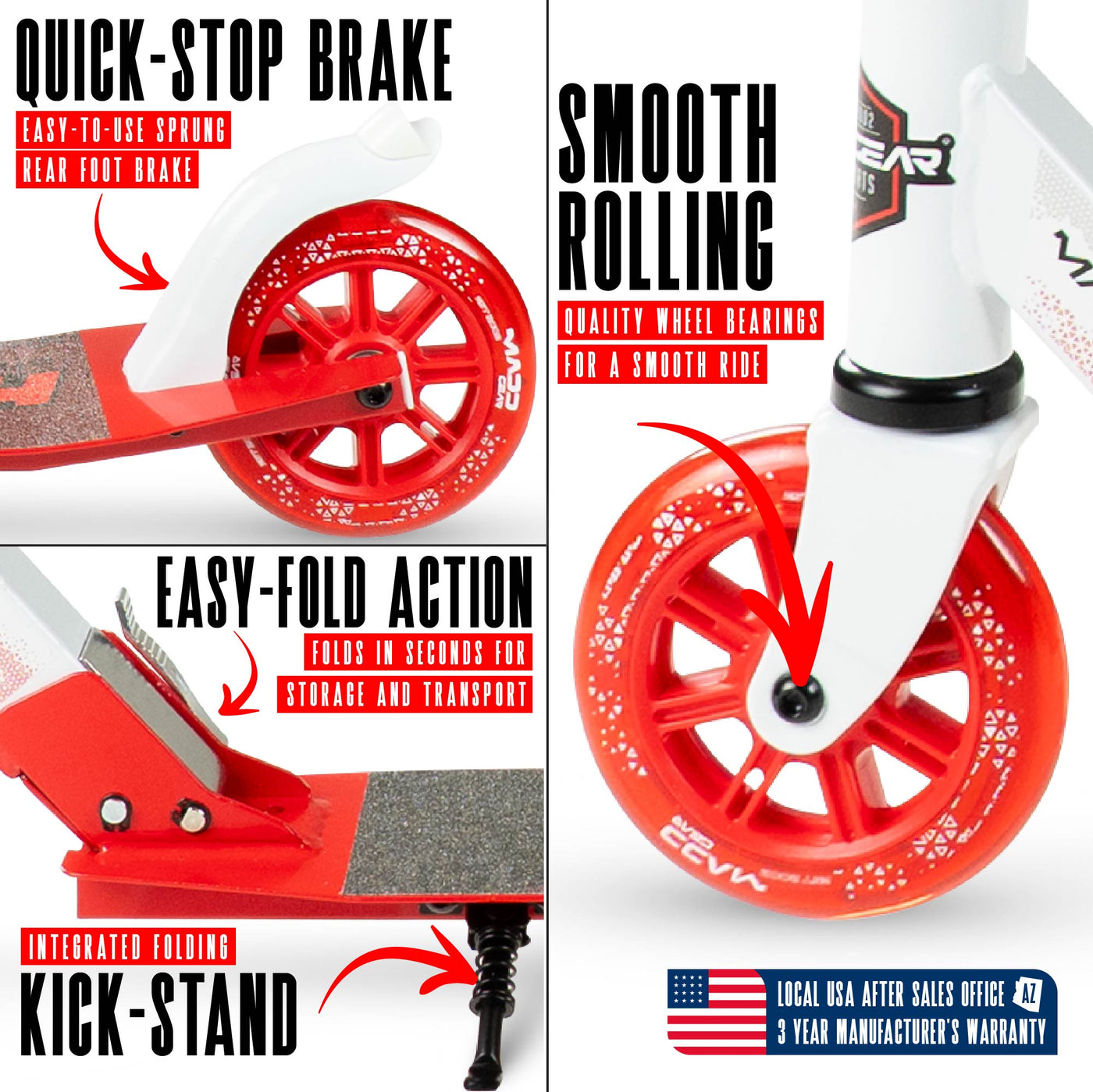 MG Madd Gear Rush 125 Commuter Smooth Rolling Scooter Boys Girls Kids Teens Adults Folding Foldable Smooth Rolling White Red