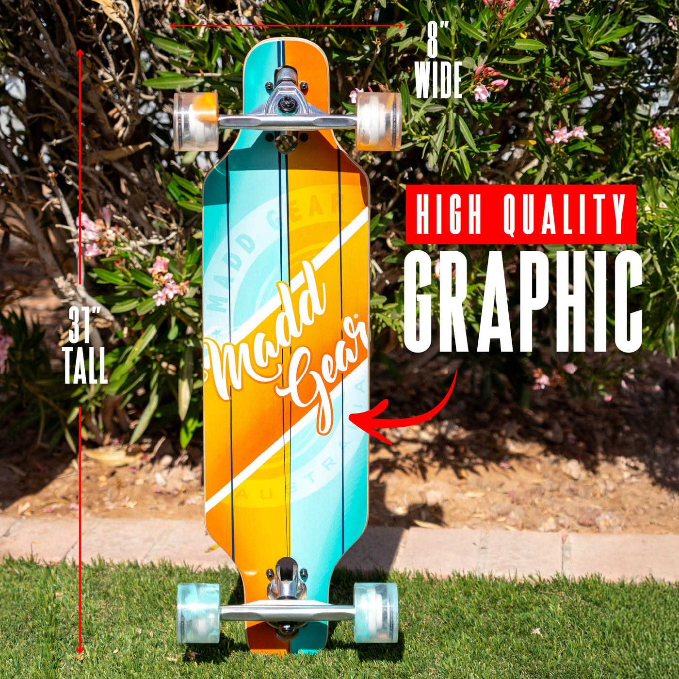 Madd Gear MGP Drop Through Dropthrough Longboard Cruiser Skateboard Complete Teal Orange High Quality Graphic