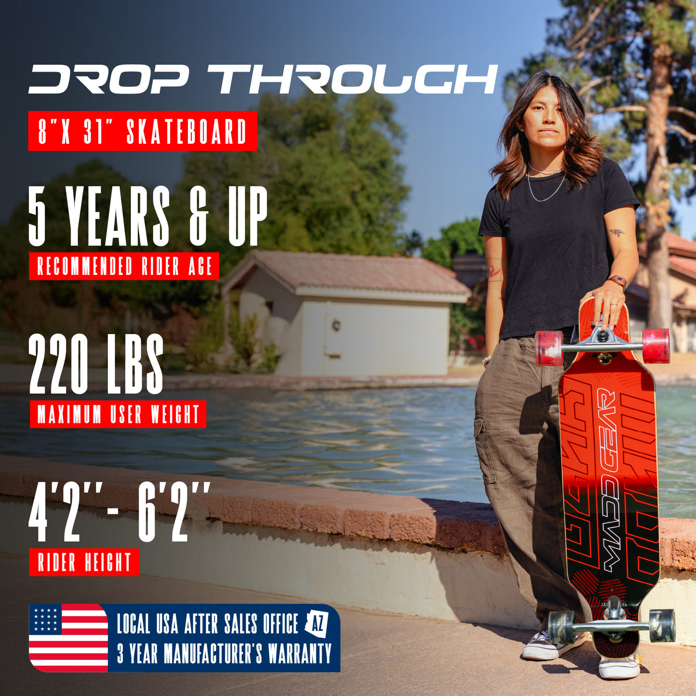 madd gear 31 inch drop through longboard complete kids skateboard cruiser maple ply deck trucks red black gradient fade