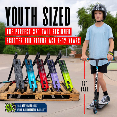 MG3 Zen Pro Scooter - Black Blue, featuring a sturdy handlebar and smooth wheels, designed for durability in skatepark stunt riding.
