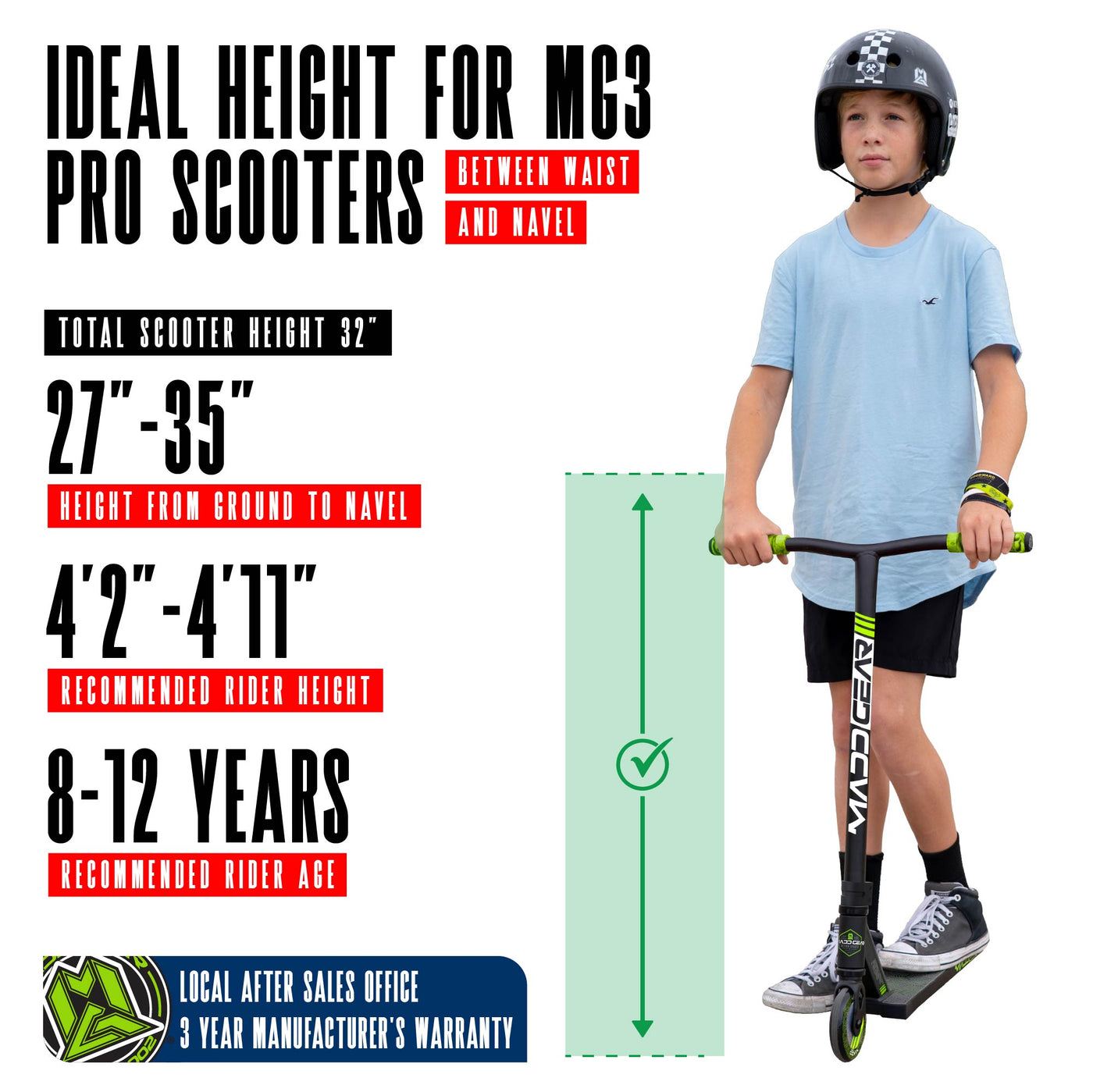 MG3 Zen Pro Scooter - Black Green with sturdy handlebars and durable wheels, designed for stunt riding at skateparks. Ideal for young riders honing their skills.