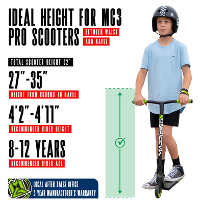 MG3 Zen Pro Scooter - Black Green with sturdy handlebars and durable wheels, designed for stunt riding at skateparks. Ideal for young riders honing their skills.