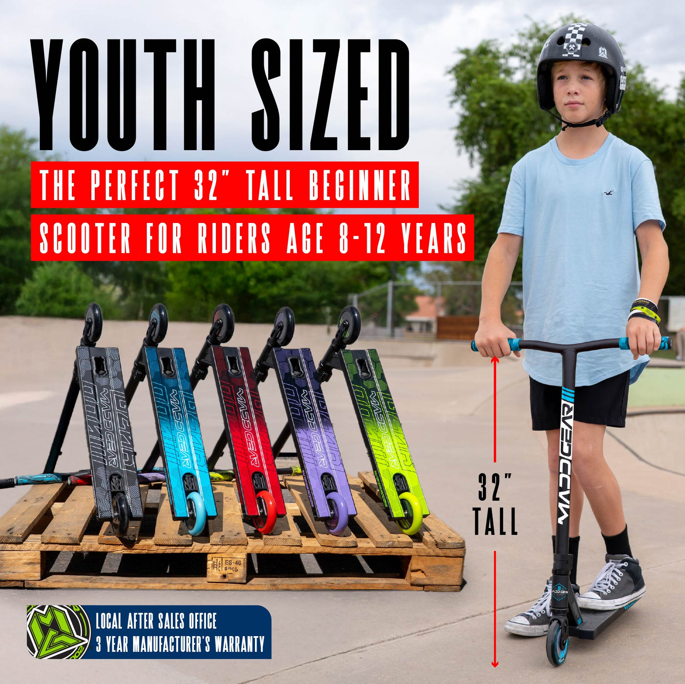 MG3 Zen Pro Scooter - Black Green, featuring a sturdy handlebar, a smooth wheel, and durable design for stunt riding at skateparks.
