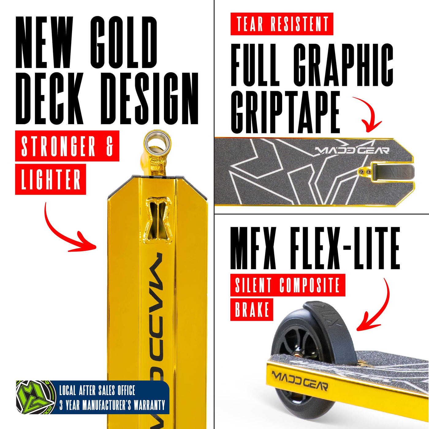 MG6 Kinetic Pro Scooter - Gold Black, featuring a sturdy one-piece steel handlebar and 110mm aluminum core wheels, ideal for skatepark stunts and tricks.