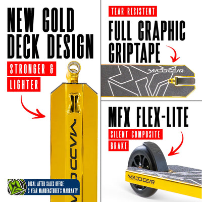 MG6 Kinetic Pro Scooter - Gold Black, featuring a sturdy one-piece steel handlebar and 110mm aluminum core wheels, ideal for skatepark stunts and tricks.