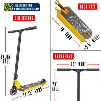 MG6 Kinetic Pro Scooter - Gold Black with a long handlebar, sturdy aluminum deck, and smooth 110mm wheels, ideal for skatepark stunts.