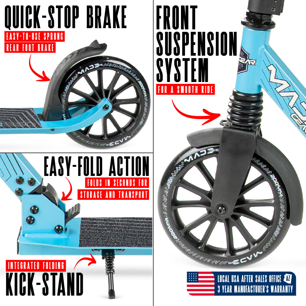 MG Madd Gear Metro Cruise 250 Folding Scooter. Cruise with ease with smooth bearings and quick stop brake.