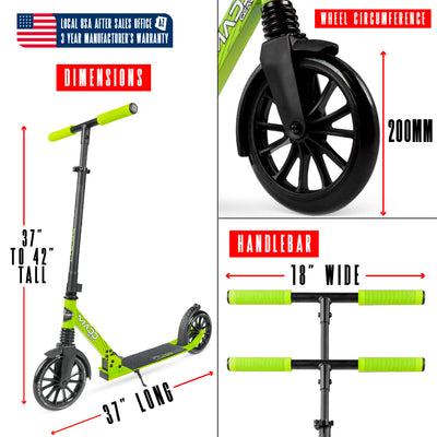 Madd Gear Metro Cruise 250 Green Black 200mm Wheel Scooter. Ultra smooth rolling and compact folding action. Adjustable height for riders of all heights.