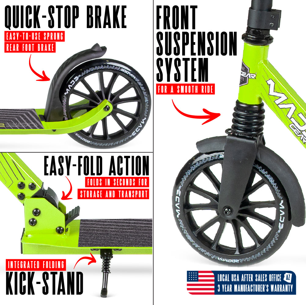 MG Madd Gear Metro Cruise 250 Folding Scooter. Cruise with ease with smooth bearings and quick stop brake.