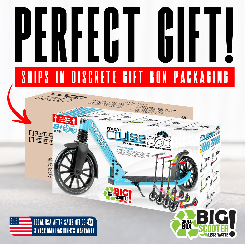 Madd Gear Metro Cruise 250 commuter scooter color box packaging is perfect for a gift.