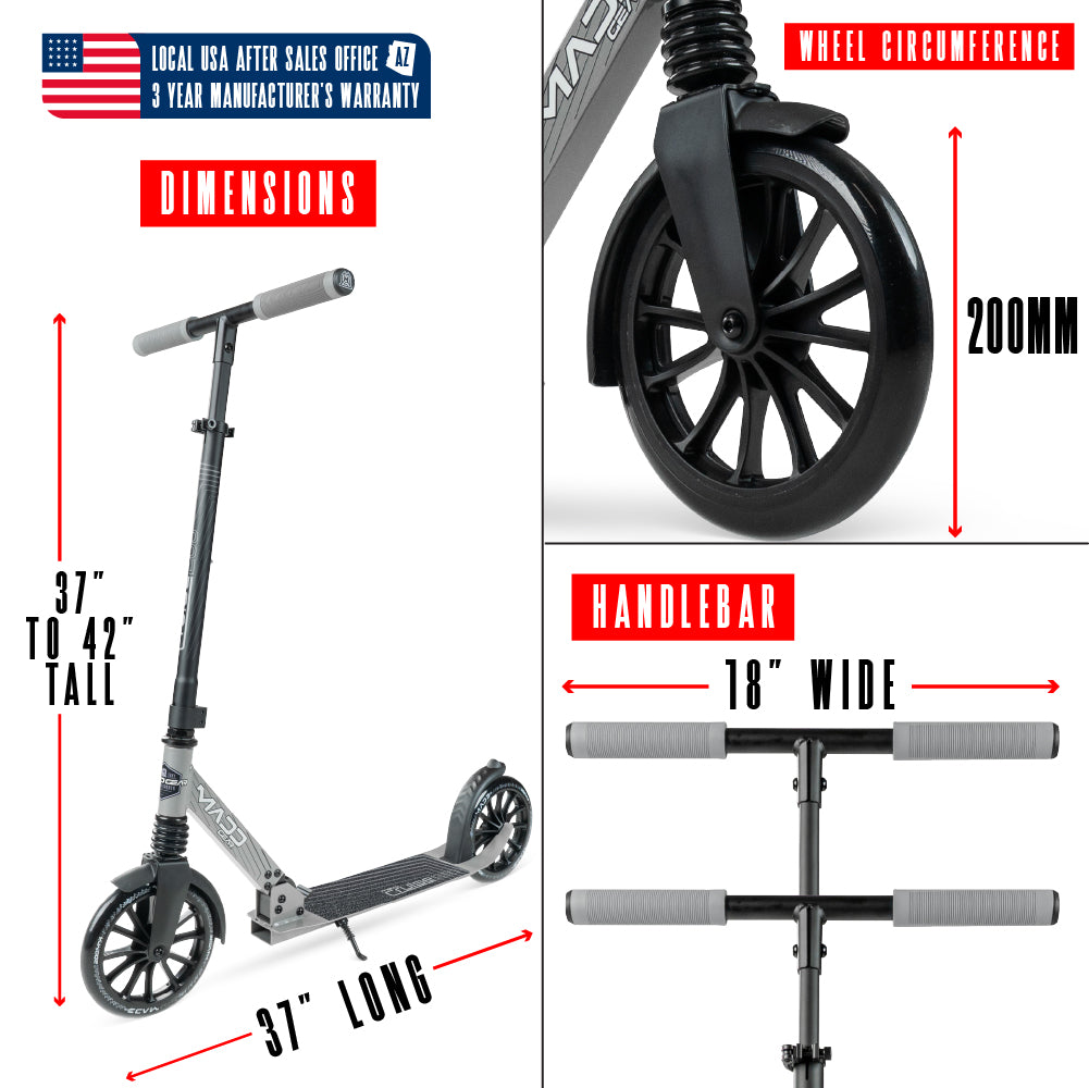 Madd Gear Metro Cruise 250 Gray Black 200mm Wheel Scooter. Ultra smooth rolling and compact folding action. Adjustable height for riders of all heights.