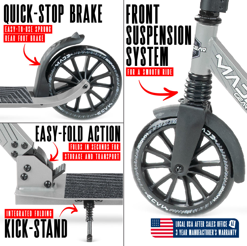 MG Madd Gear Metro Cruise 250 Folding Scooter. Cruise with ease with smooth bearings and quick stop brake.