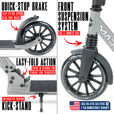 MG Madd Gear Metro Cruise 250 Folding Scooter. Cruise with ease with smooth bearings and quick stop brake.