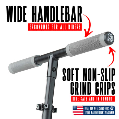 Madd Gear Metro Cruise 250 Commuter Scooter Gray Black with soft non-slip grips and a 2-piece handlebar.