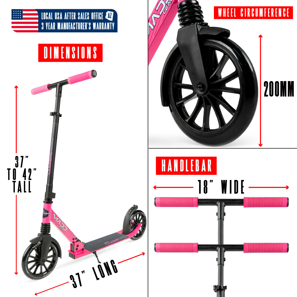 Madd Gear Metro Cruise 250 Pink Black 200mm Wheel Scooter. Ultra smooth rolling and compact folding action. Adjustable height for riders of all heights.