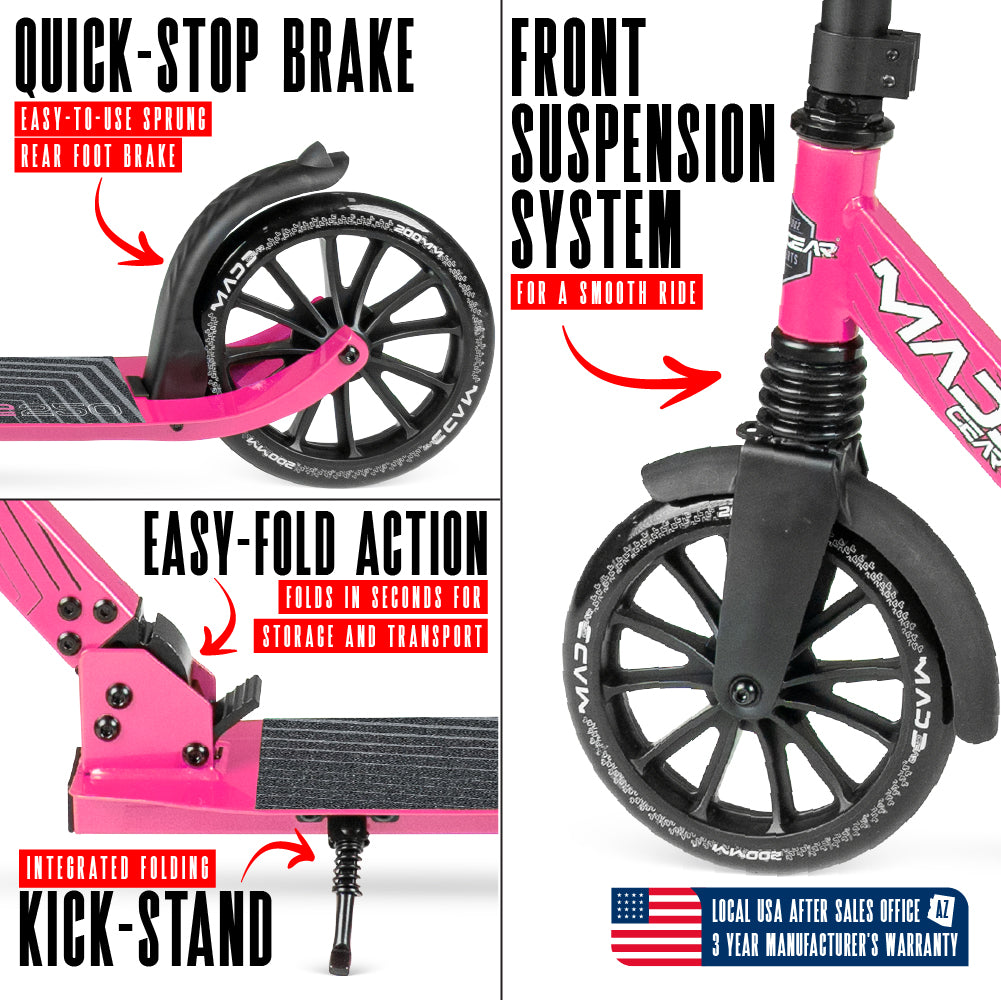MG Madd Gear Metro Cruise 250 Folding Scooter. Cruise with ease with smooth bearings and quick stop brake.