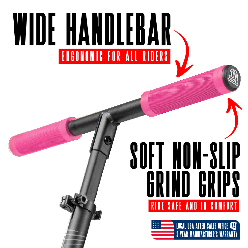 Madd Gear Metro Cruise 250 Commuter Scooter Pink Black with soft non-slip grips and a 2-piece handlebar.