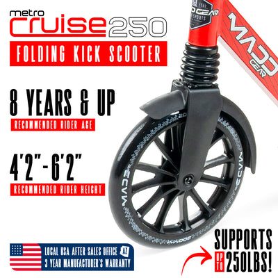 Madd Gear Razor Metro Cruise 250 Folding Adjustable Commuter Scooter Teens Adults Red Black 200mm