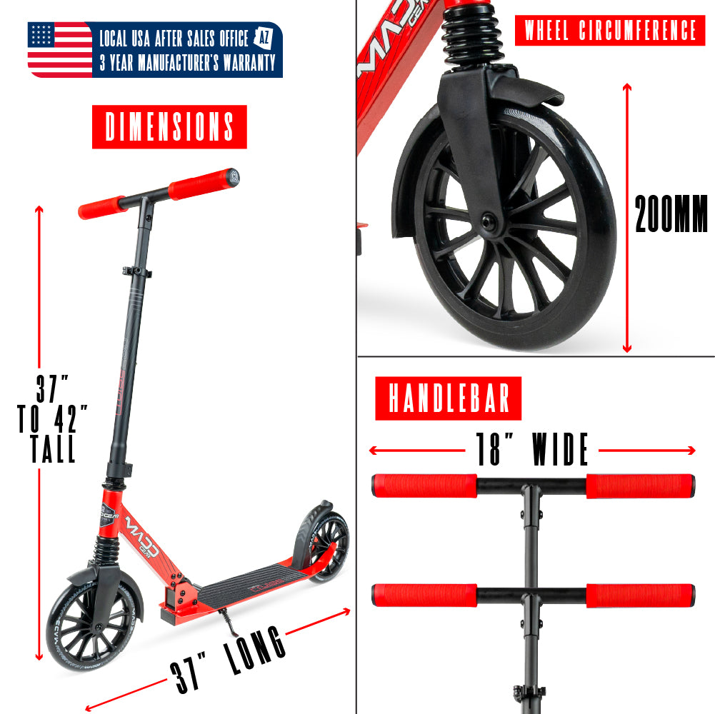 Madd Gear Metro Cruise 250 Red Black 200mm Wheel Scooter. Ultra smooth rolling and compact folding action. Adjustable height for riders of all heights.
