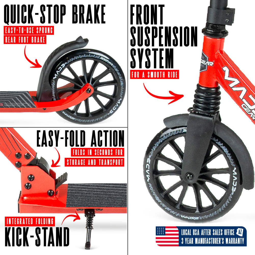 MG Madd Gear Metro Cruise 250 Folding Scooter. Cruise with ease with smooth bearings and quick stop brake.