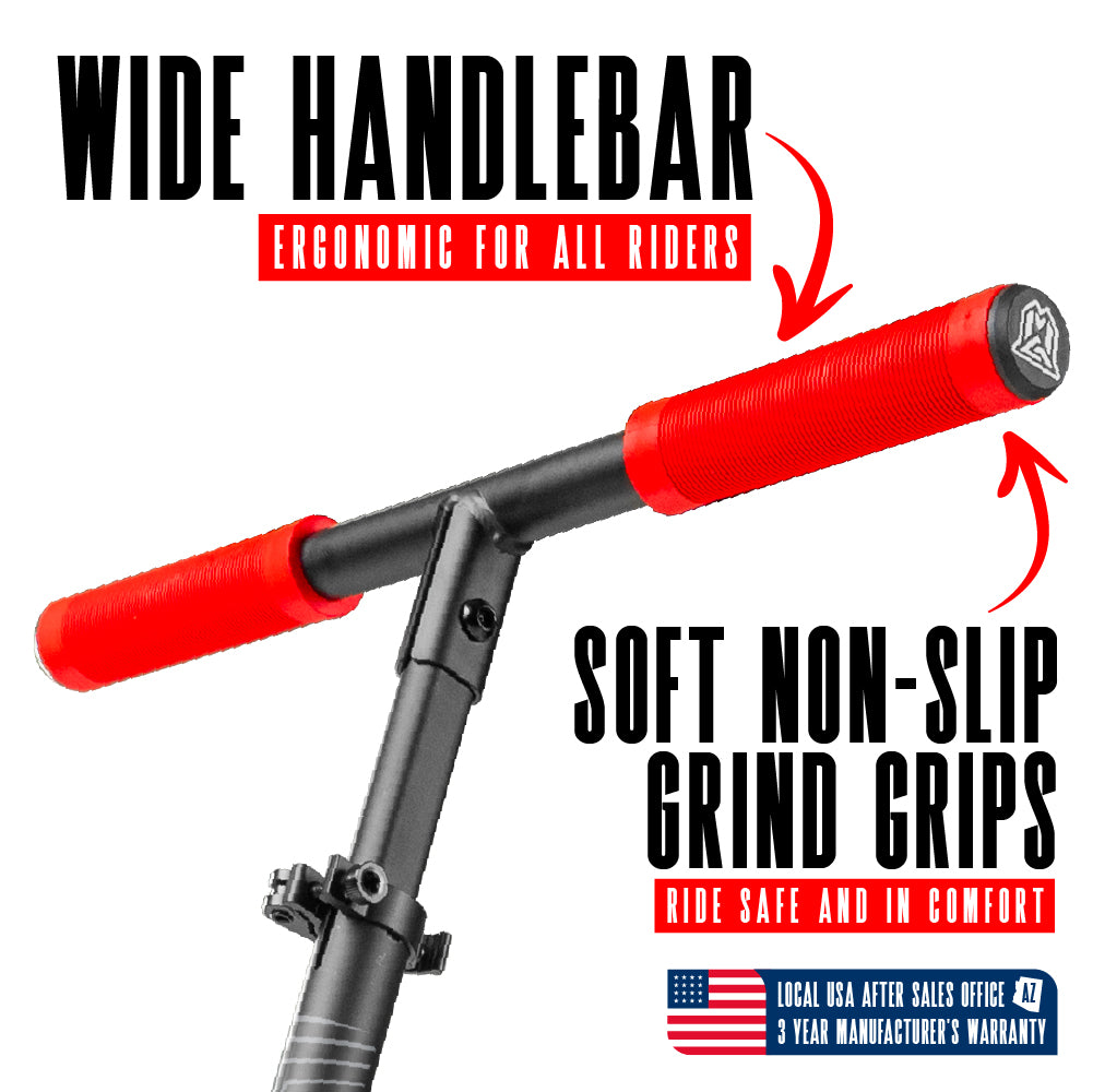 Madd Gear Metro Cruise 250 Commuter Scooter Red Black with soft non-slip grips and a 2-piece handlebar.