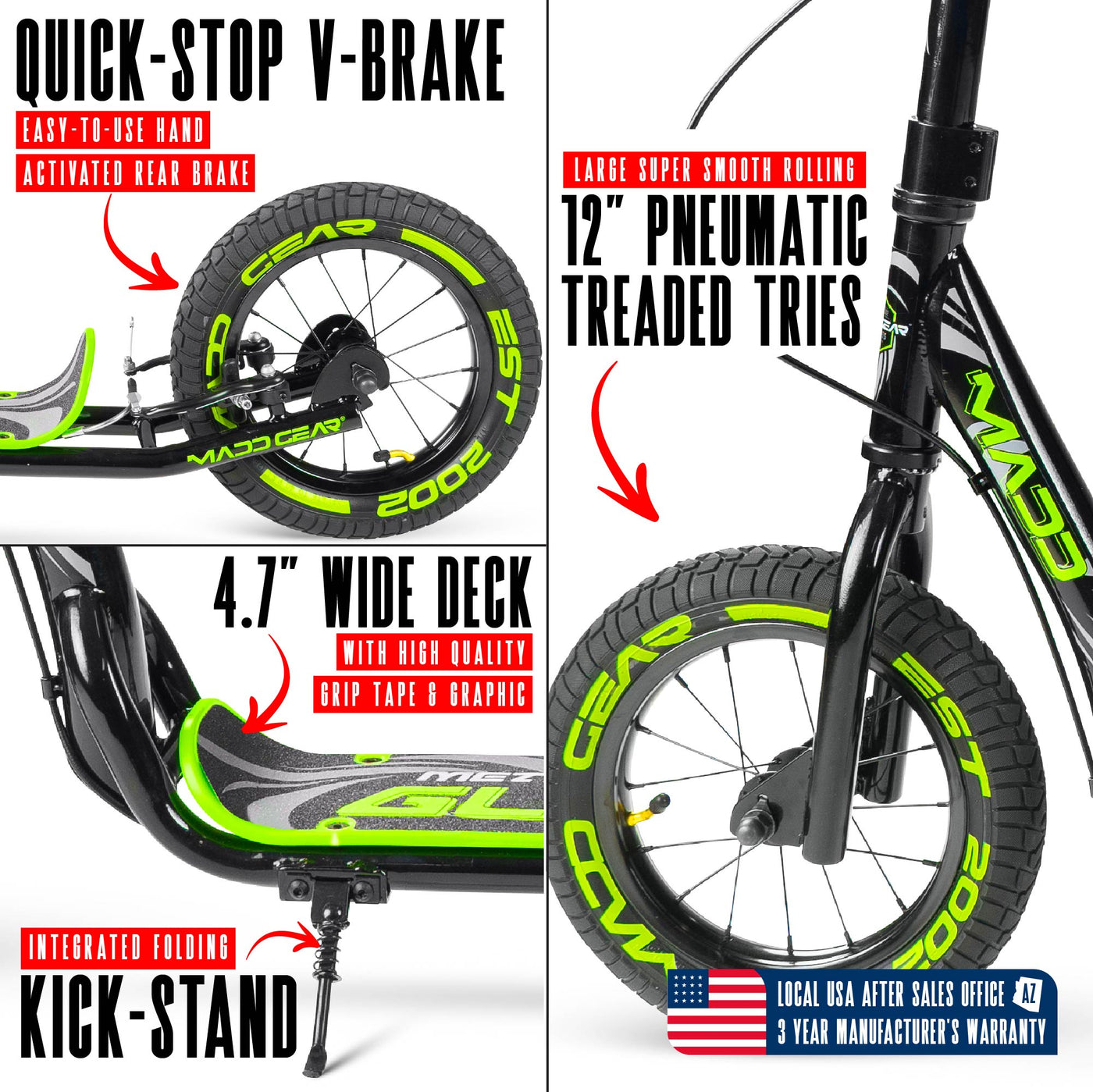 Madd Gear Dirt Scooter Black Green Adults Teens Kids Commuter Flashback Renegade Large Air Filled Tires Kickstand