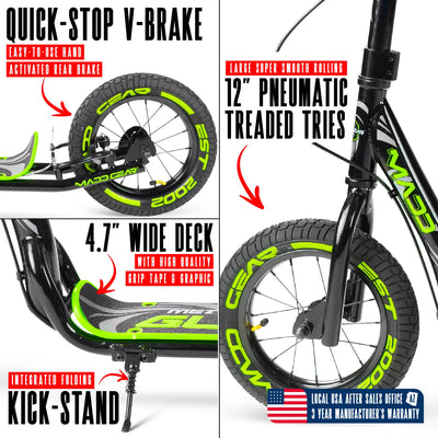 Madd Gear Dirt Scooter Black Green Adults Teens Kids Commuter Flashback Renegade Large Air Filled Tires Kickstand
